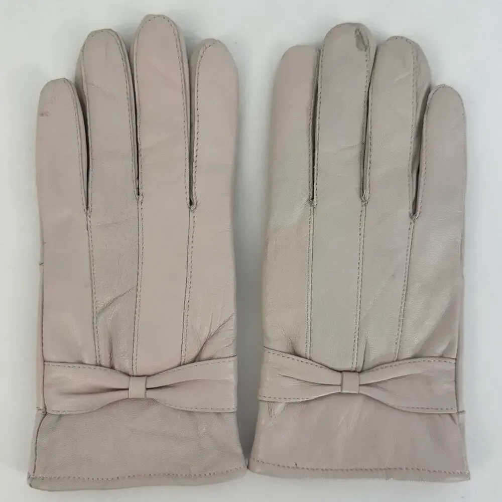 MoDA Genuine Leather Gloves Bow Detail Light Pale Pink Size M